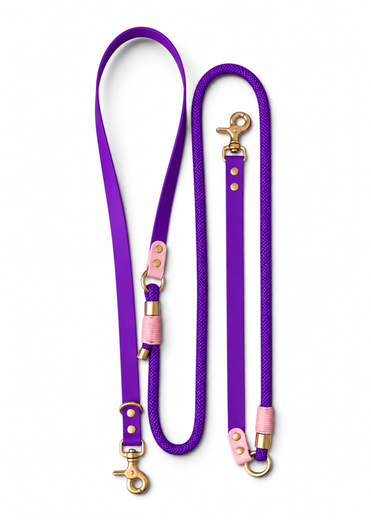 Laisse multi-positions pour chien en Biothane et paracorde violet et rose Tokyo par la marque française PLI Paris.