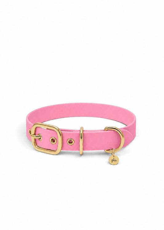 Collier réglable pour chien haut de gamme en Biothane rose Sweet Candy fait main par PLI Paris.