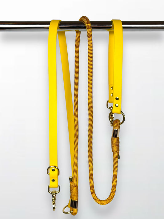 laisse multi-positions en Biothane et corde jaune