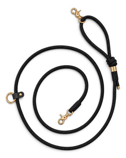 Laisse multi-positions et main libre en corde ultra resistante noir Black Mamba par PLI Paris. Accessoires pour chiens fait main