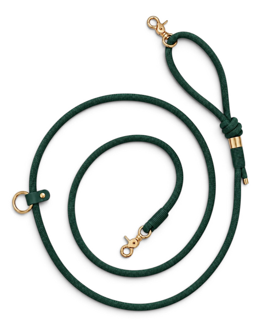 Laisse multi-positions et main libre en corde ultra resistante vert sapin Green Forest par PLI Paris. Accessoires pour chiens fait main