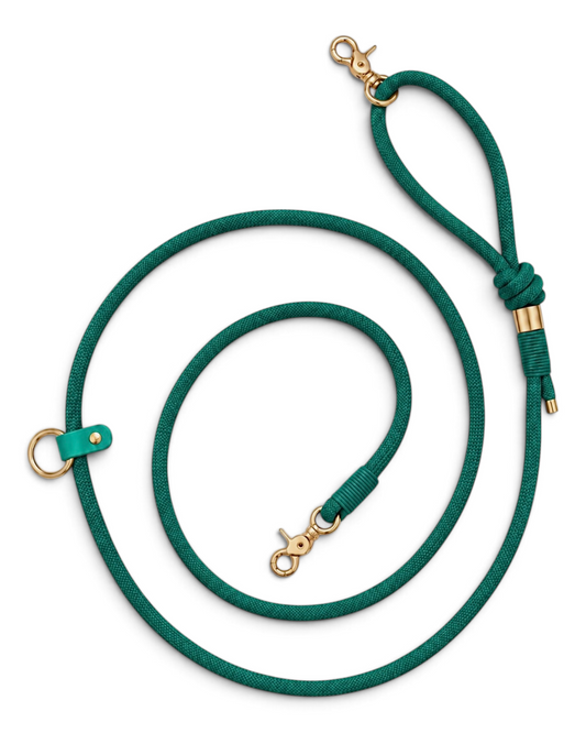 Laisse multi-positions et main libre en corde ultra resistante vert turquoise Lagoon Lover par PLI Paris. Accessoires pour chiens fait main