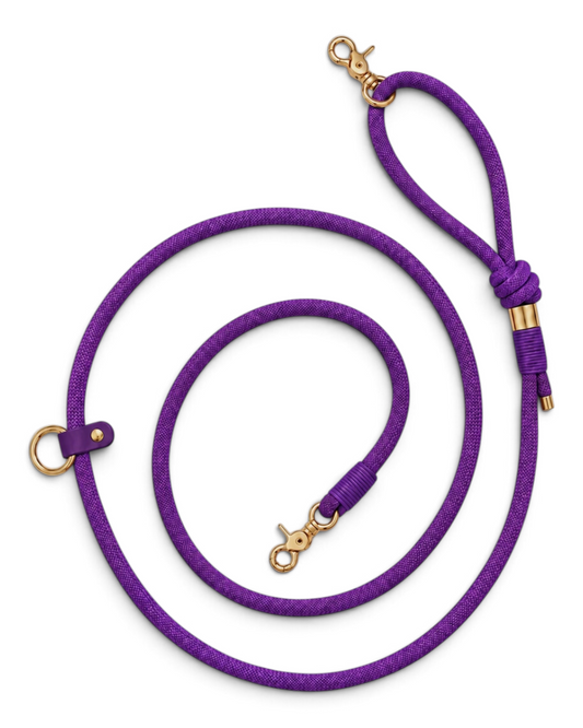 Laisse multi-positions et main libre en corde ultra resistante violet Purple Rain par PLI Paris. Accessoires pour chiens fait main