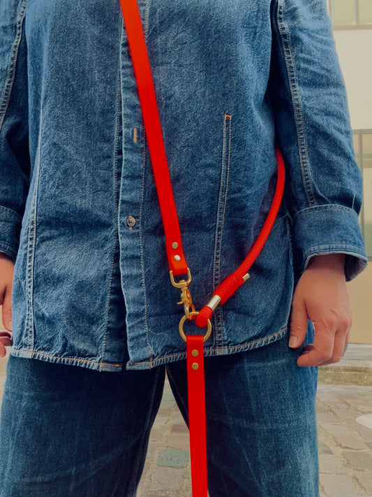 laisse multi-positions en Biothane et corde orange