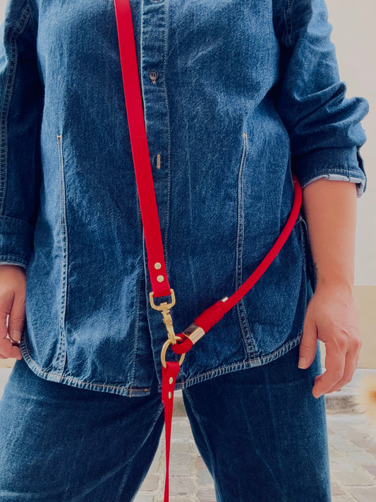 laisse multi-positions en Biothane et corde rouge