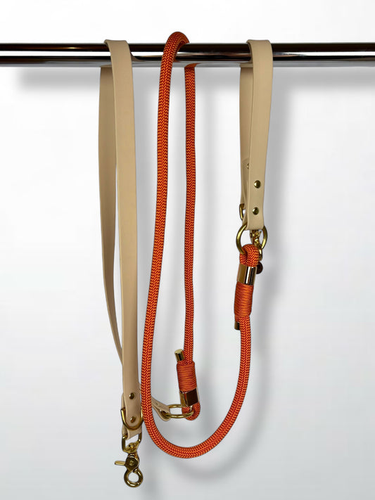Laisse multi-positions en biothane et corde beige et orange