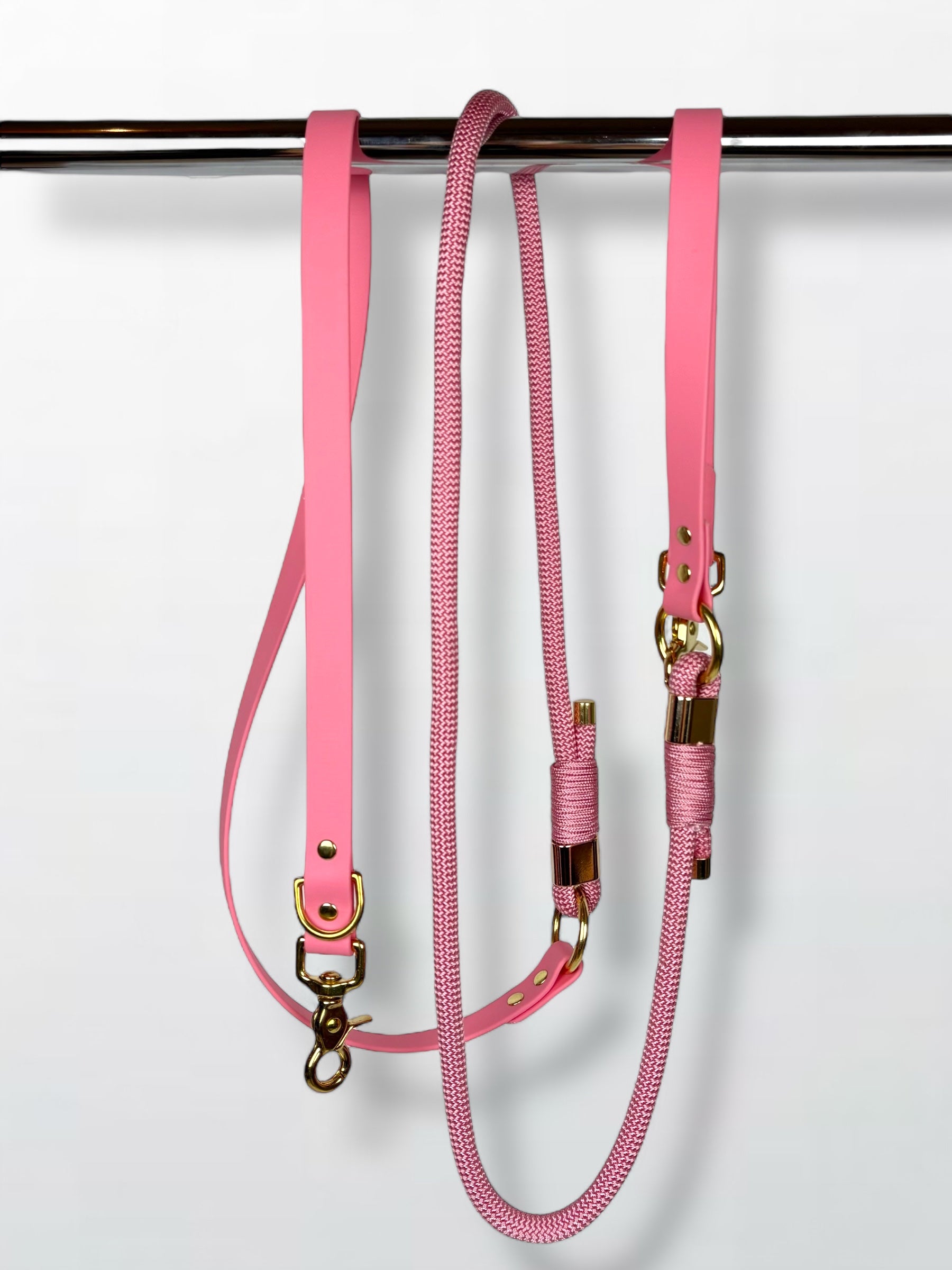 laisse multi-positions en Biothane et corde rose